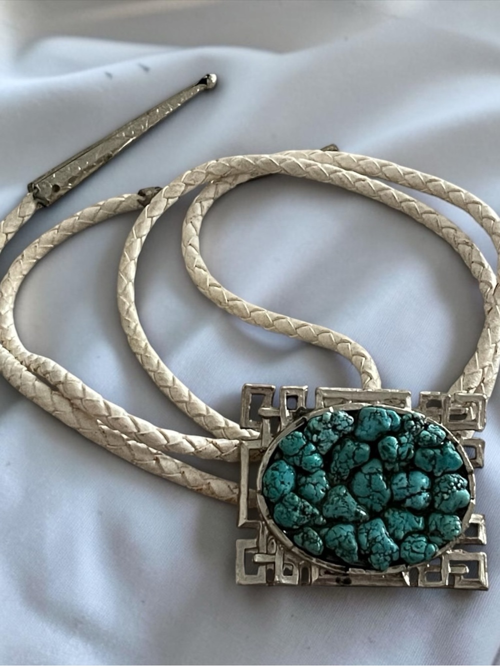 Bolo Tie White Braided Leather with Turquoise Stone Pendant